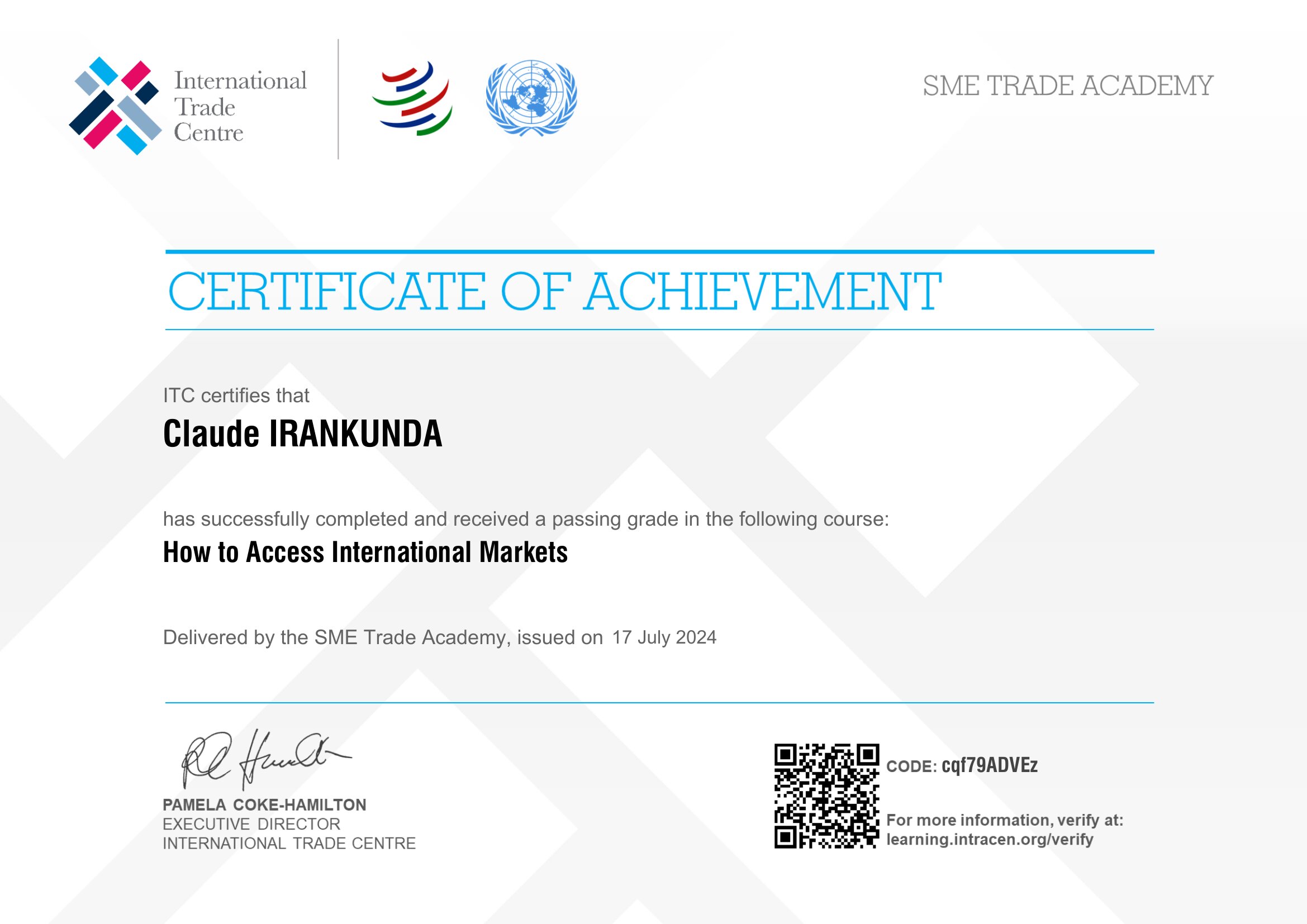 International Trade Centre (ITC) Certificate of Achievement - Access to International Markets